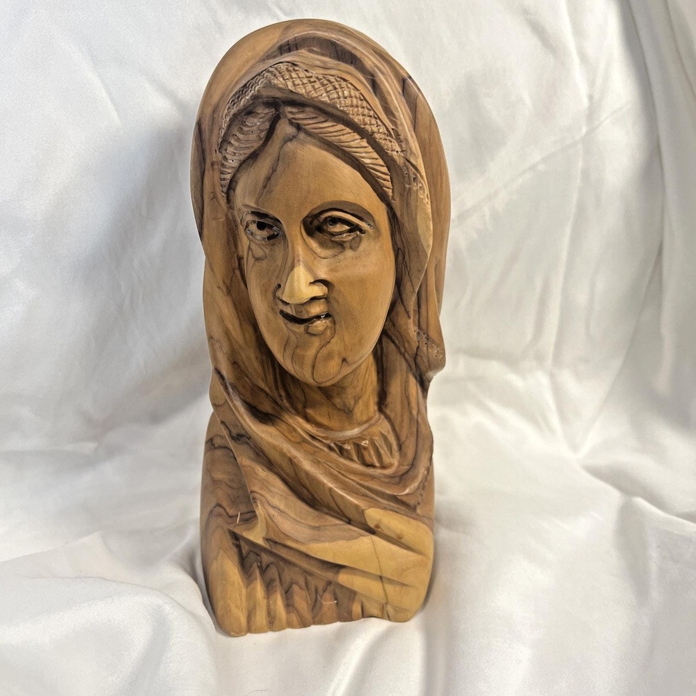 Hand Carved Olive Wood Virgin Mary Madonna Bust Sculpture Holy Land Art